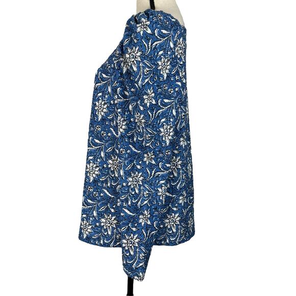 LOFT Large Top Floral Puff Sleeves Stretch Square Neck Crinkle Fabric Blue White - Picture 5 of 7